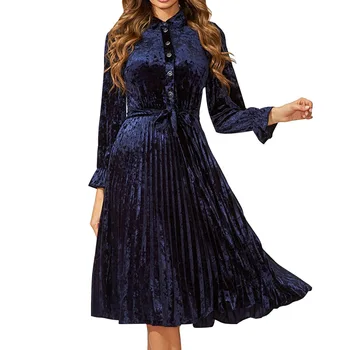 

New Velvet Dresses for Women 2020 Spring Autumn Vintage Long Sleeve Pleated Velour Party Dresses Buttons High Waist Dress TA0837