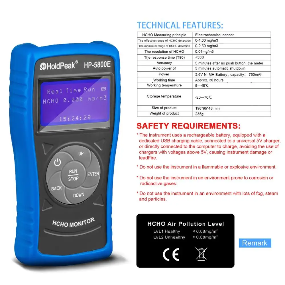 Holdpeak 5800E монитор формальдегида детектор с подсветкой и автоотключением для внутреннего наружного тестирования окружающей среды