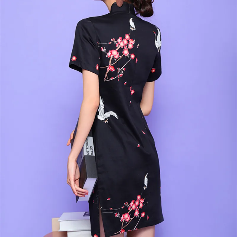 SWEETXUE китайское платье женский шелковый атлас Cheongsam цветочный принт Китайский традиционный Qipao платье воротник стойка раздельное мини-платье