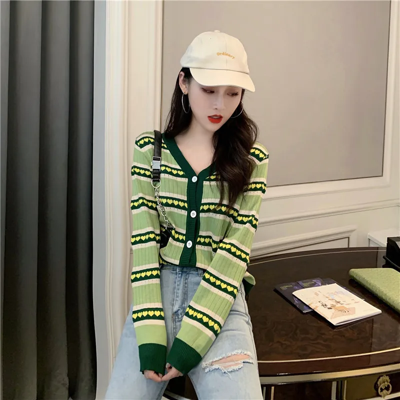 

Harajuku Avocado Green Heart Stripe Women Knitted Cardigan Sweater V-neck Hit Color Women Sweater Autumn Lady Sweater
