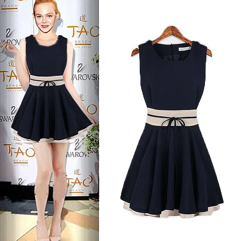 

2019 New Sweet Girl Chiffon Stitching Waist Sleeveless Round Neck Dress Fashion Cute Summer Breathable Bow High Quality Dressing
