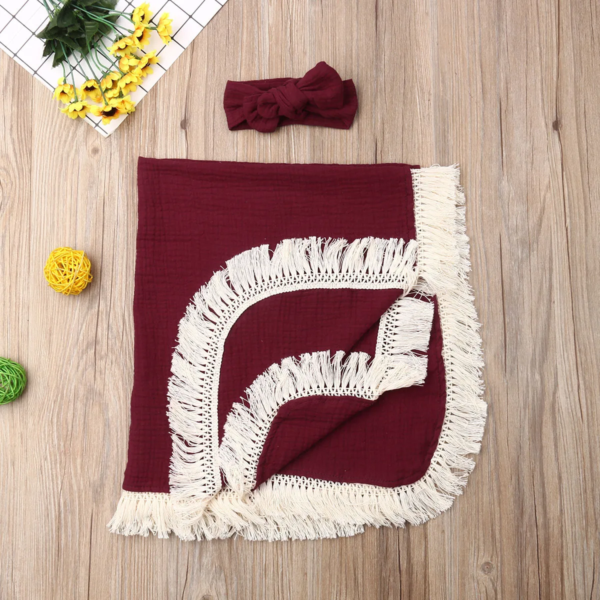 Красный Мягкий новорожденный младенец девочка мальчик Ткань кисточки Пеленальное Одеяло хлопок спальный мешок банное полотенце с повязкой на голову - Цвет: Красный