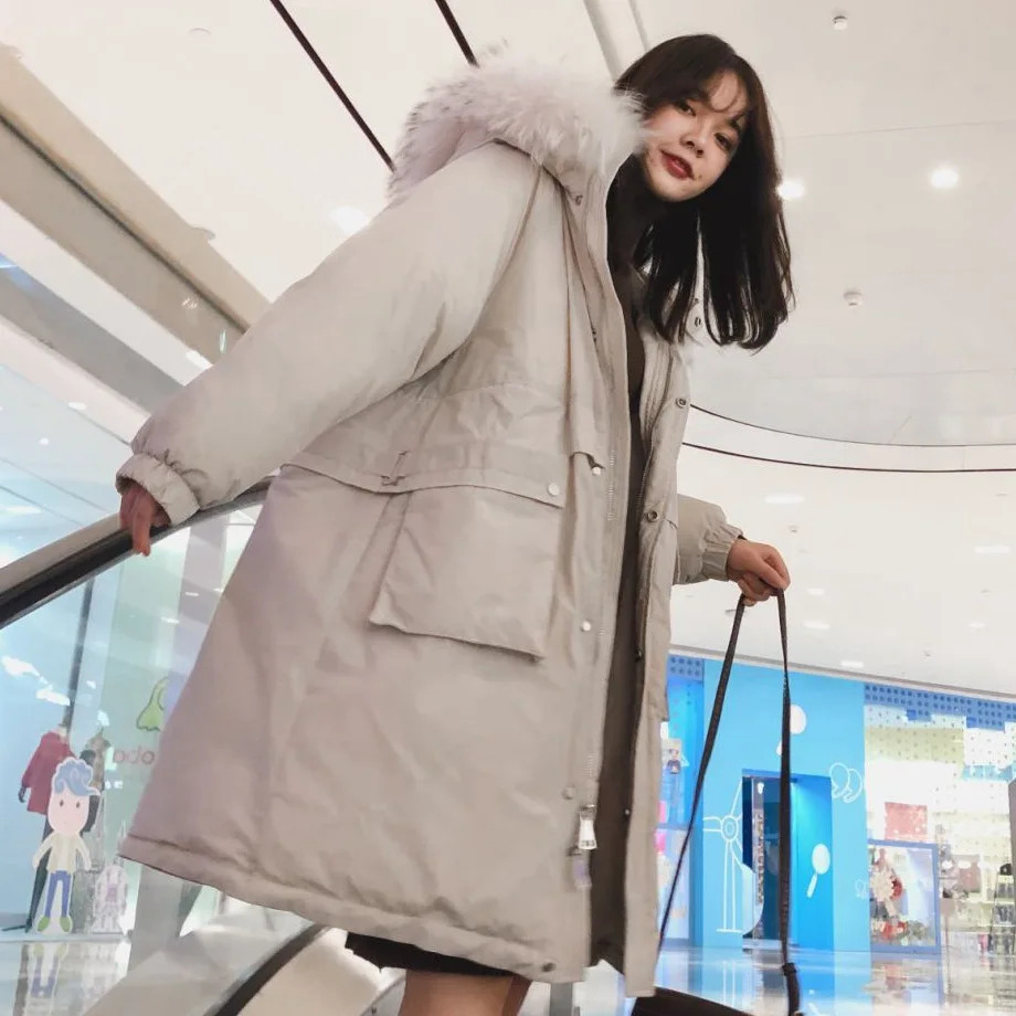 

2019 Korean-style Off-white down Coat Hooded Fur Collar Large Pocket Drawstring Waist Hugging Cotton Coat Thick Coat Women's Win