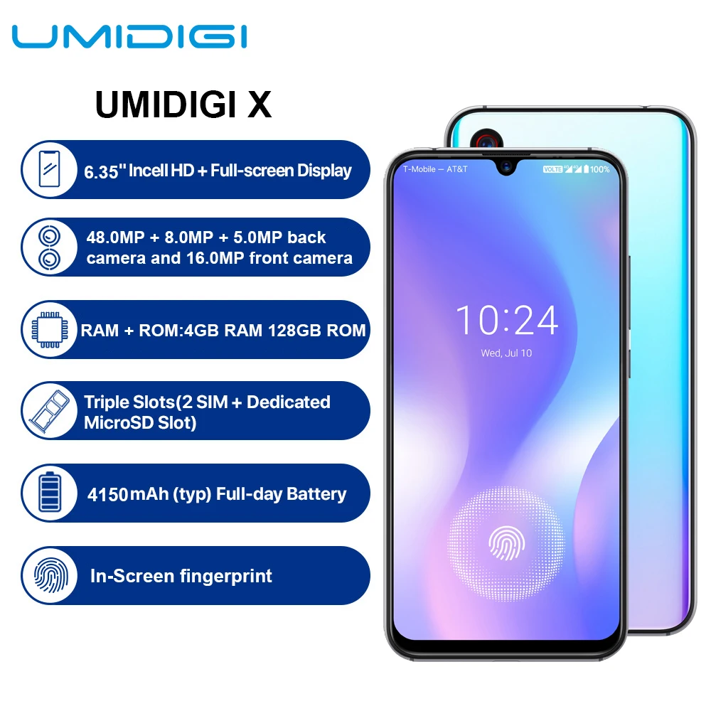 

UMIDIGI X 4G Smartphone 6.35 inch Android 9.0 Octa Core 4GB RAM 128GB ROM 48.0MP + 8.0MP + 5.0MP Camera 4150mAh Mobile Phone