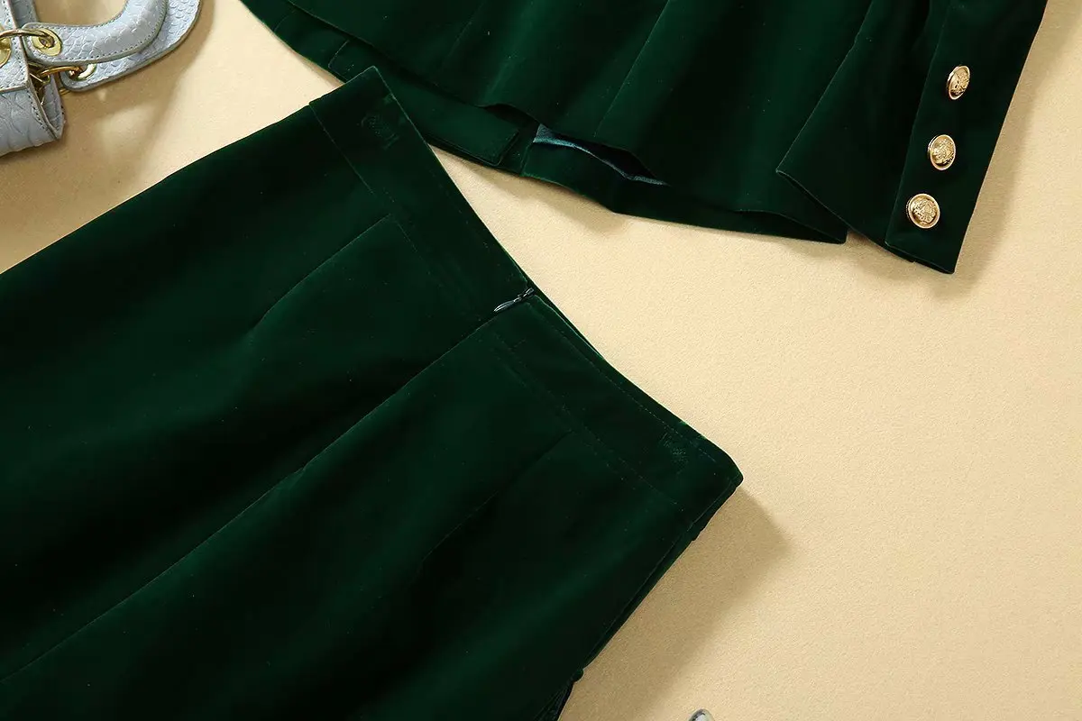 Весна Осень High Street стильные Женские Потрясающие Бархатные костюмы однотонная зеленая куртка мини юбка Качественные комплекты из двух предметов