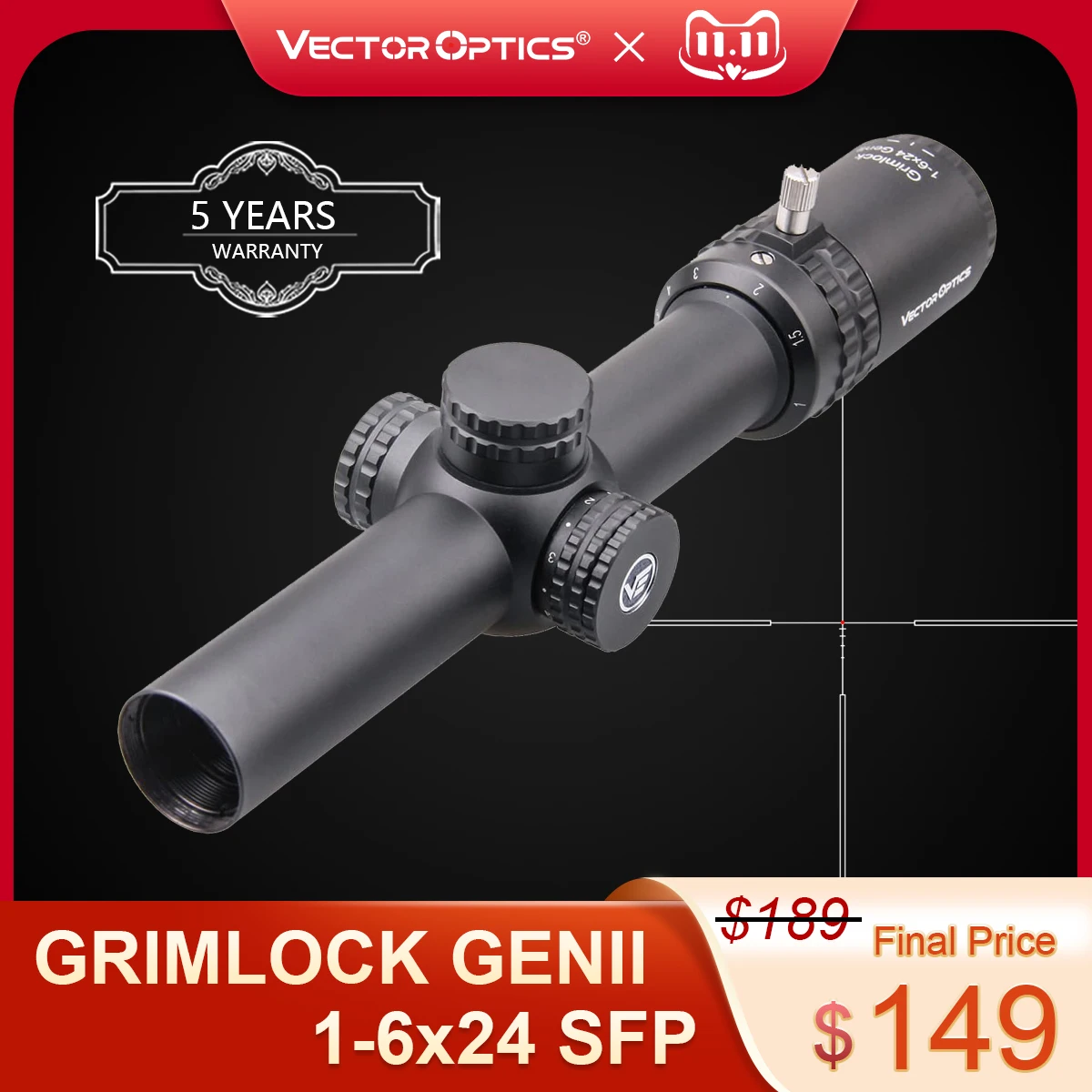 Vector Optics Gen2 Grimlock 1-6x24 BDC (MOA) Ballistic Reticle Rifle Scope Center Dot Illuminated CQB Riflescope .223 AR15 .308