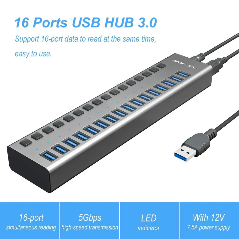  Adaptador de alimentación externa USB HUB 30 16 puertos interruptor divisor USB Hub 12V 7.5A adapta