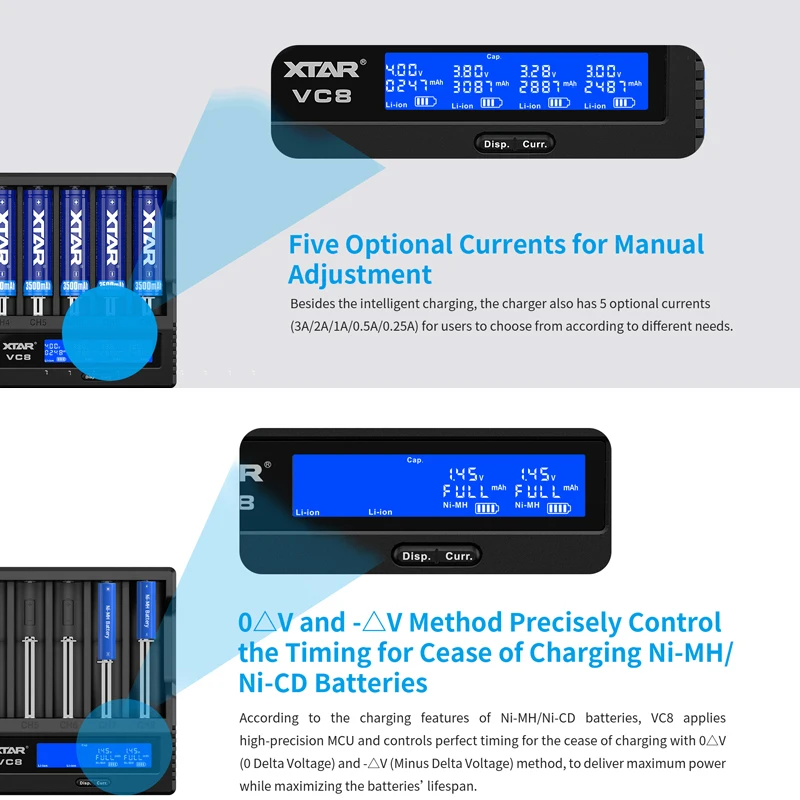 XTAR 18650 Battery Charger VC8 = VC4 + VC4SL QC3.0 Type C Fast Charger Charging LCD Display for 21700 20700 18650 Battery