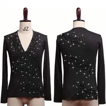 Блестящие стразы, топ для латинских танцев, черный v-образный вырез, Мужская танцевальная рубашка, одежда для Бальных латинских танцев, одежда для профессиональных соревнований, Одежда для танцев