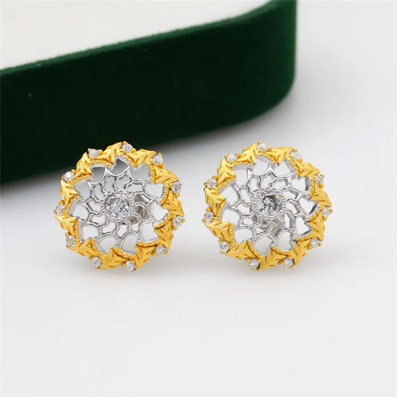 

CMajor S925 Solid Sterling Silver Hollow Out Vintage Temperament Elegant Two Tone Round Green Stone Stud Earrings for Women