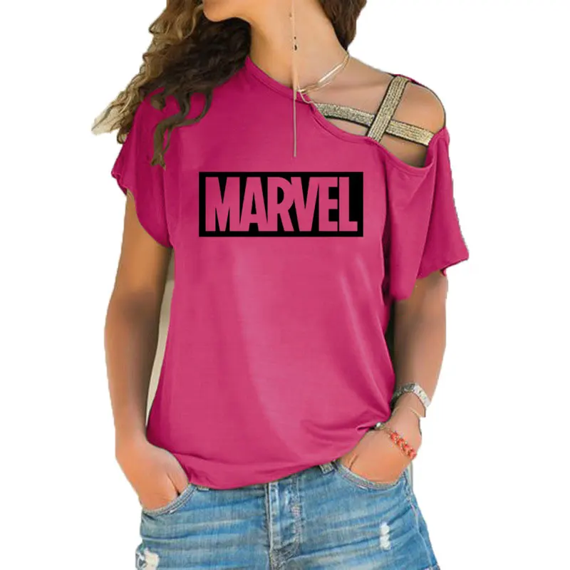Панк Рок MARVEL печати хлопок плюс размер футболка Женская Сексуальная Милая футболка топы Харадзюку Повседневная Асимметричная Skew крест футболка - Цвет: 15