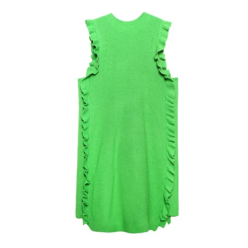 green WLD2664 XITAO Ruffles Sleeveless Casual Straight Knitted Dress Women Winter Fashion New Style Small Fresh O Neck Collar WLD2664 - Цвет: green WLD2664