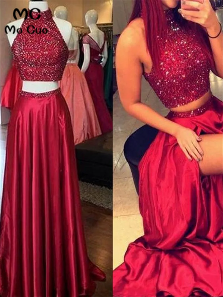 Two Pieces Gown Evening Party Dress Prom Slit Silk like Satin Sweep Brush Train Formal Gowns For Teens Dresses | Свадьбы и торжества