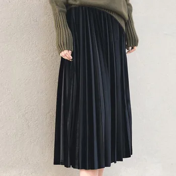 

Autumn Winter Velvet Skirts Plus Size 5xl 6xl 2020 Women Black High Waist Mid-Length Metallic Pleated Swing Skirt Female