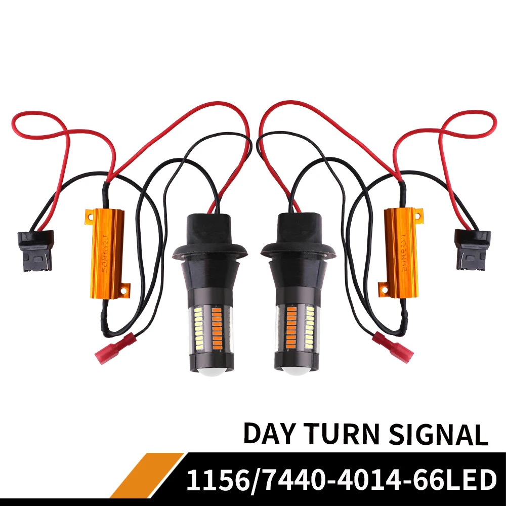 

2X Dual Color 1156 BA15S P21w 7440 66SMD Led Bulbs DRL Turn Signal Lamps Resistor Lens kits Canbus No Error White&Amber For Car