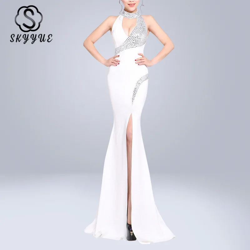 

Skyyue 2019 Sexy Hollow Split Formal Gowns Women Party Dresses High Collar Sleeveless Elegant Evening Dress Robe De Soiree C232