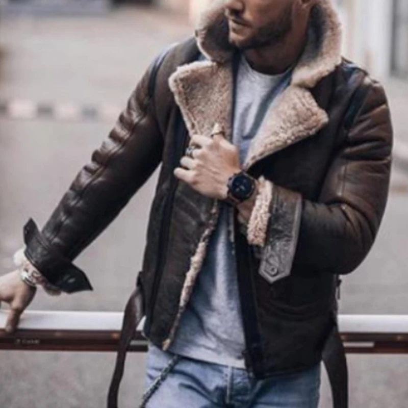 Men Winter Imitation Leather Jacket Biker Motorcycle Zipper Long Sleeve Coat Top