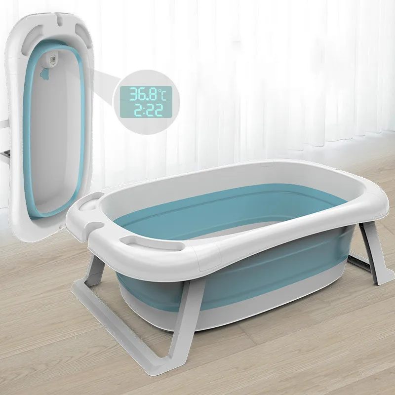 

Foldable Baby Shower Tub with Thermometer Smart Temperature Sensing Infant Bath Tubs Baby Non-Slip Widen and Thicken Kid Bathtub