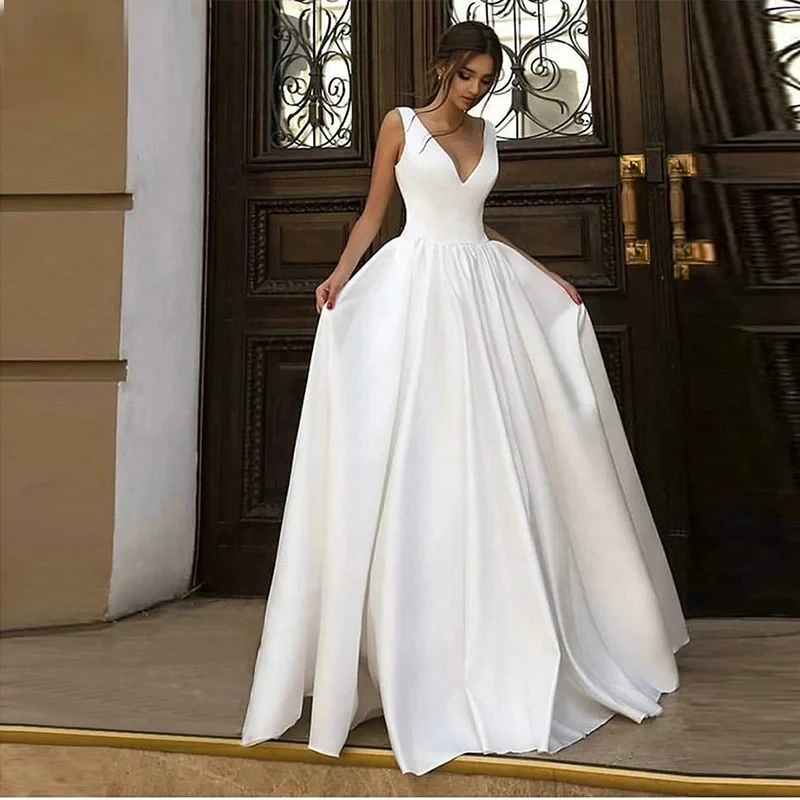 summer wedding guest dress LO137 Sexy Satin V-neck Sleeveless Wedding Dresses свадебное платье Formal Wedding Bridal Gowns Vestidos De Novia Robe De Mariée dresses for wedding Wedding Dresses