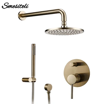 

Bathroom Bath Brushed Gold Rain fall Faucet Brass Diverter Mixer Tap Set Hand held 8-12"Shower Head Wall Arm Valve System Kit