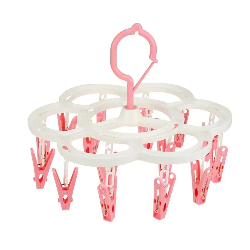 

16 Clip Multi-function Rotary Portable Drying Rack Socks Clothes Towel Closet Storage Cloth Hanger For Pink