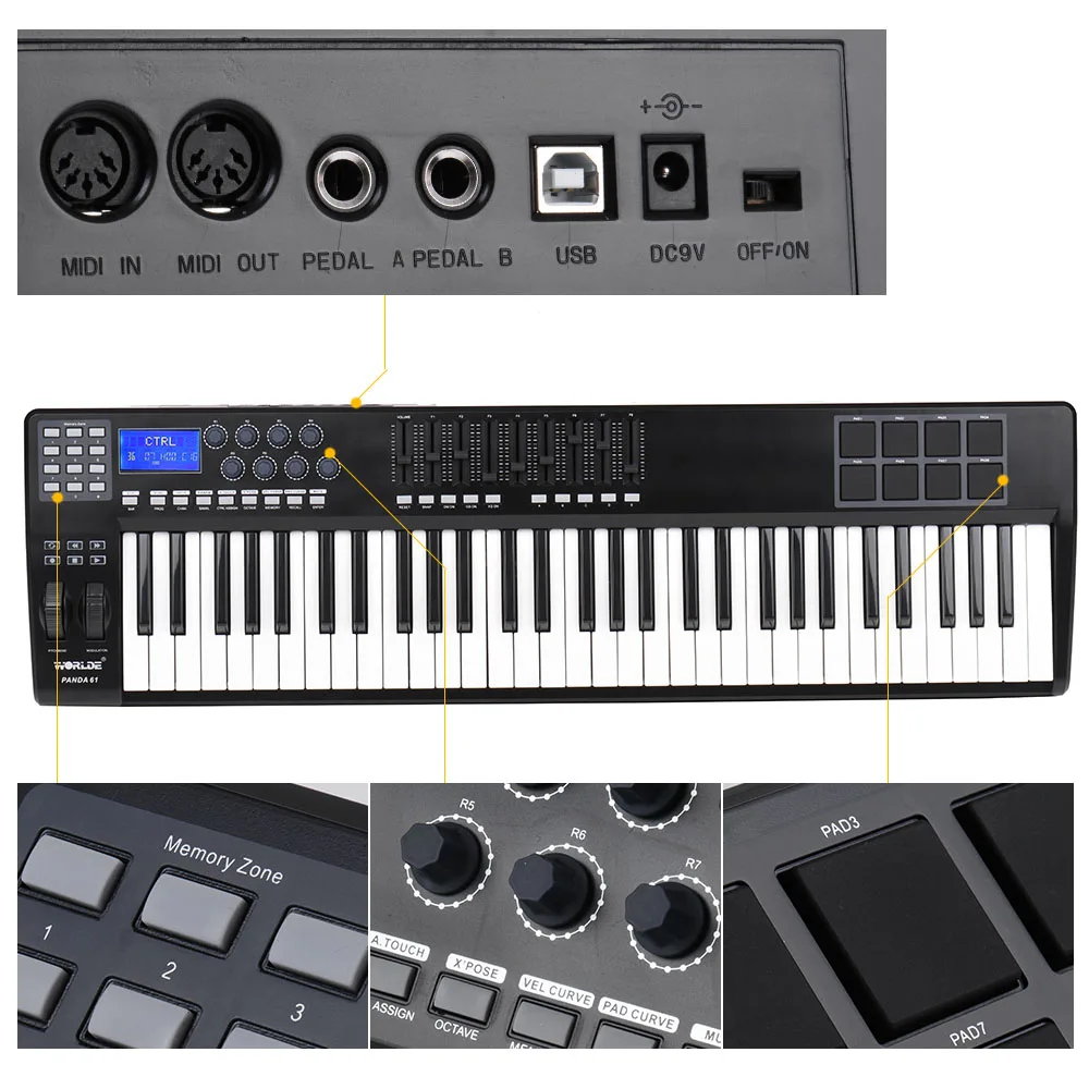 Высокое качество 61 ключ USB MIDI контроллер клавиатуры 8 барабанные тормозные