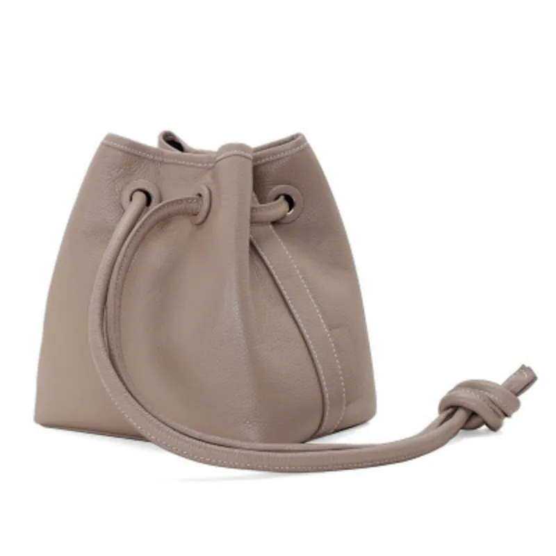 

Genuine Leather Women Bag New style cowhide bucket bag drawstring bag one shoulder retro Mini fashion Crossbody bag