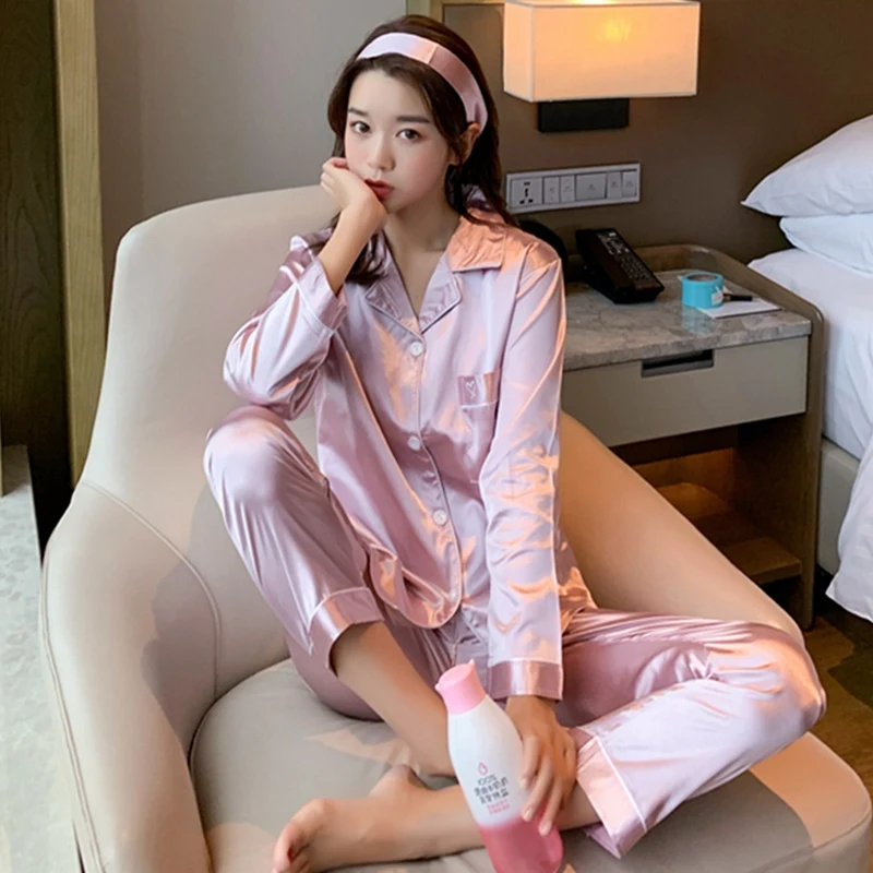 Spring Ladies Pajama Set Silk Satin 3PCS Set Long Pants Turndown Collar Shirt Elegant Femme Casual Sleepwear Sexy Homewear Women