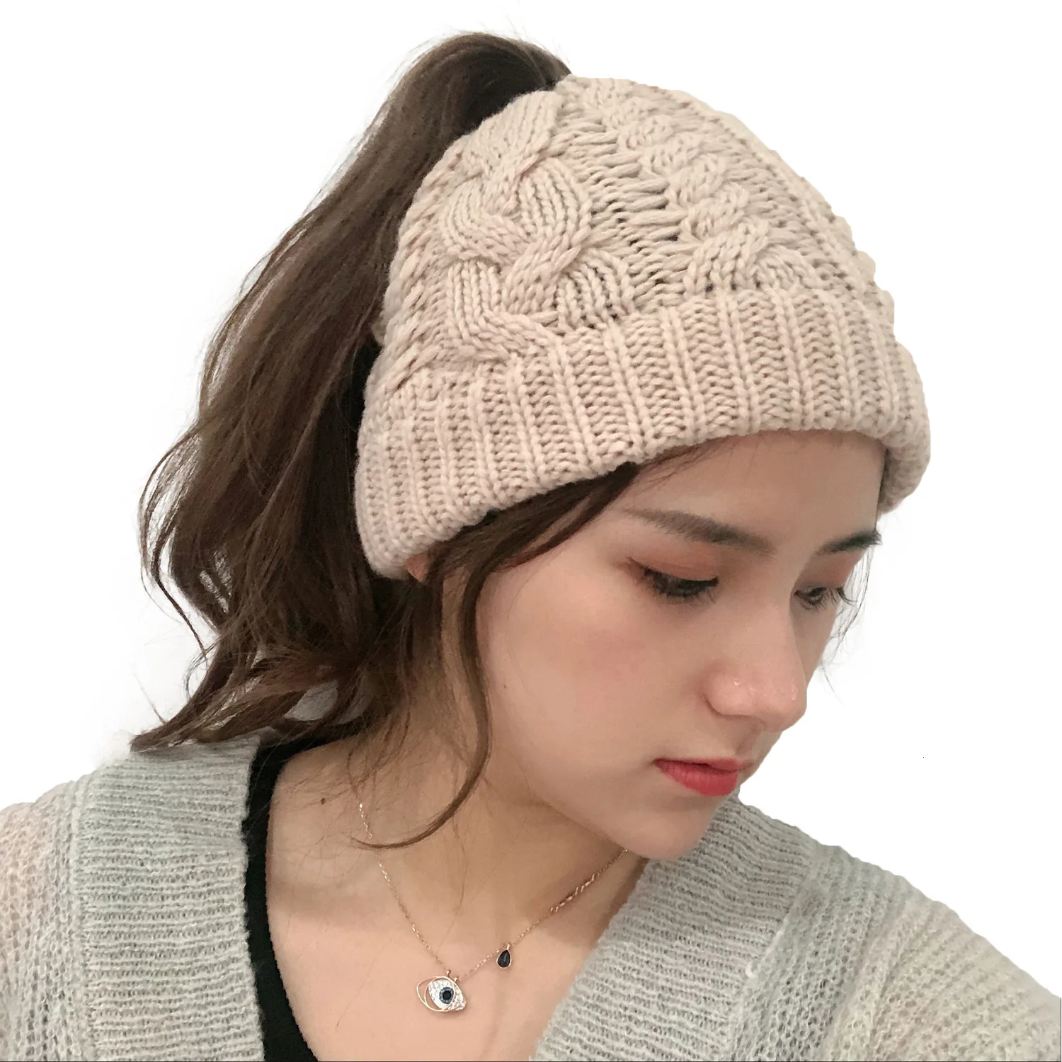 Womens Ponytail Winter Beanie Hat Warm Knit Messy Bun Ponytail Skull Cap Faux Fur Pom Pom Beanie