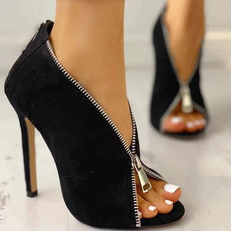 

DiJiGirls New Designer Zippers High Heels Shoes Black Pumps Women Peep Toe Stilettos Flock Shoe Size 35-40 Boots Spring