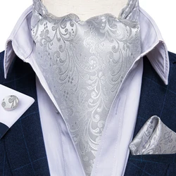 Luxury Men's Ascot Silver Floral Silk Necktie Cravat Pocket Square Cufflinks Set Wedding Party British Style Ascot Tie DiBanGu