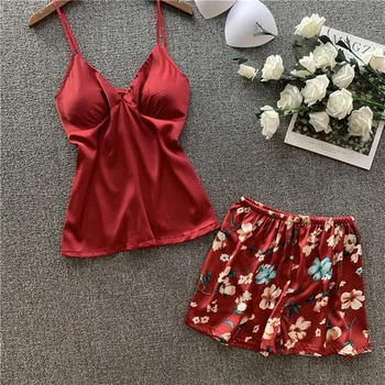 

2020 new printed ice silk pajamas women's spring and summer simulation silk suspender Shorts PAJAMAS two piece home clothes