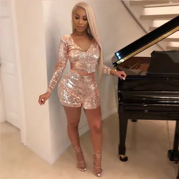 

2020 Women Suit Sexy Sequins Solid V-Neck Long Sleeve Shining Tops Short Pants Set Fashion 2 Piece Set Women Club Party Outfits
