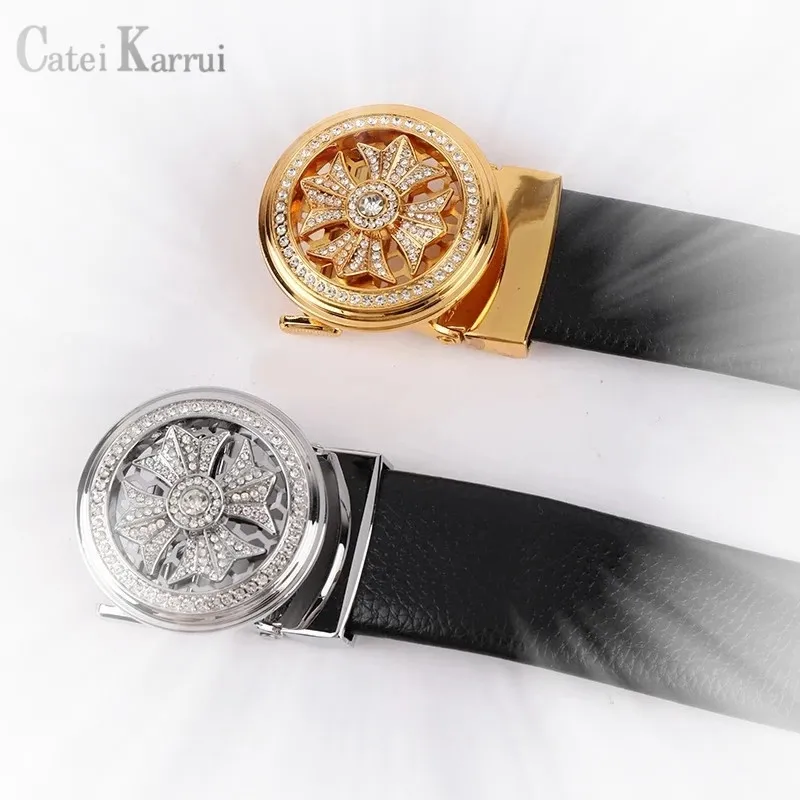 

Catei Karrui New men's belt rotatable automatic buckle hollow belt black leather belt men free shipping