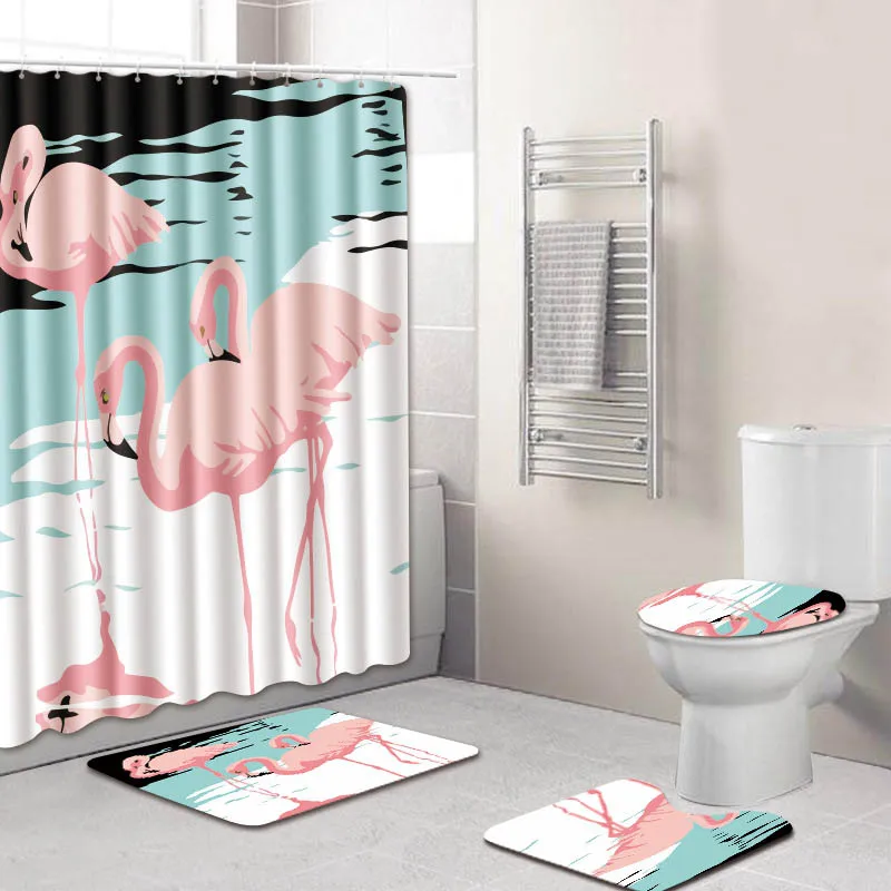 

Nodic Pink Flamigo Print Bathroom Shower Curtain Polyester Waterproof Washable Pedestal Rug Lid Toilet Cover Mat Bath Mat Hooks