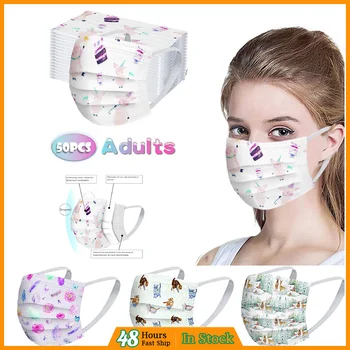 

50PCS Disposable Wegwerp Ear Loop Mond Masker mascarillas Unisex Cartoon Printing White Soft Non-woven 3-Layer Daily Care Masks