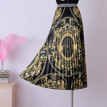 Ранняя осень ретро печать средней длины универсальная Высокая талия для похудения плиссированная юбка