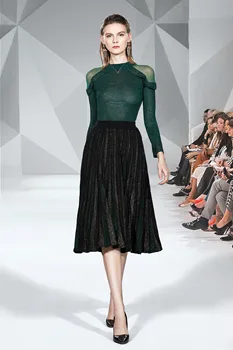 

EAD spring new fashion mesh stitching bright silk sweater + pleated skirt two-piece temperament slim office women's clothing