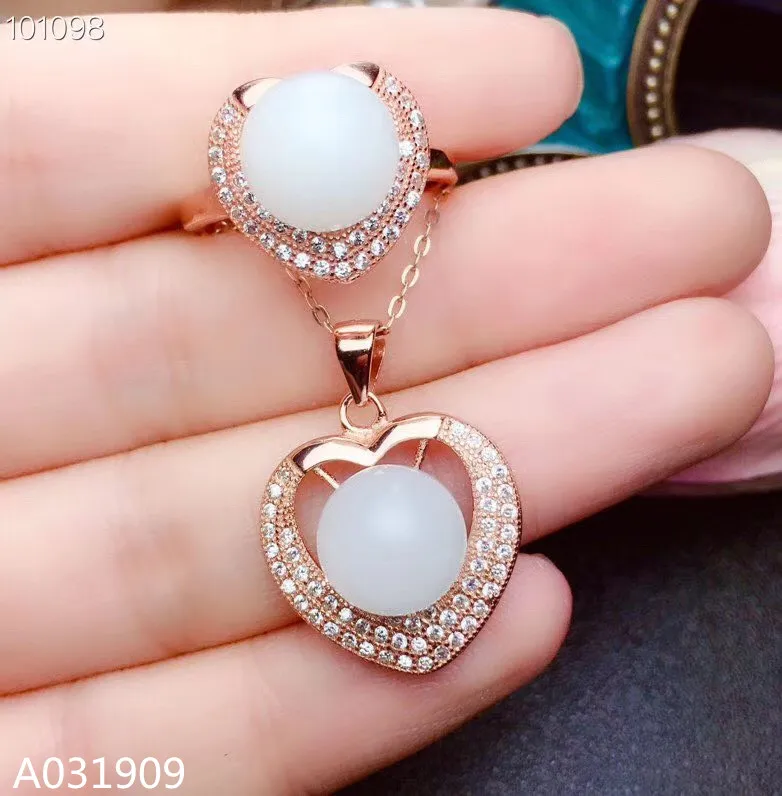 

KJJEAXCMY boutique jewelry 925 sterling silver inlaid Natural White jade ball Necklace Ring Earring Set Support detection fine