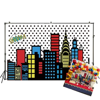 

Photography Backdrops Superhero Baby Birhday Party Comics City Buildings Poster Portrait Photo Backgrounds Photo Studio W-3342