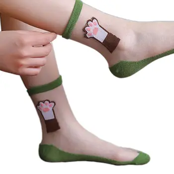 

Women Summer Glass Fiber Ultra-Thin Ankle Socks Cute Animal Cat Paw Embroidery Bright Candy Color Cotton Bottom Mid Tube Hosiery