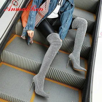 

ANMAIRON 2019 Sexy Super High Heels Faux Suede Slim Boots Stretch Fabric Over-the-Knee Boots Leopard Grain Women Shoes 34-43