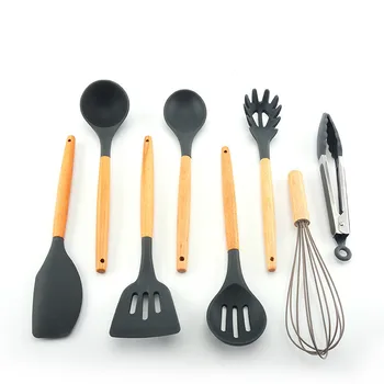 

New Wooden Handle Silicone Kitchenware Set Multi-function Creative Non-stick Kitchen Shovel Spoon Set 8 Piece Set Kitchen Set