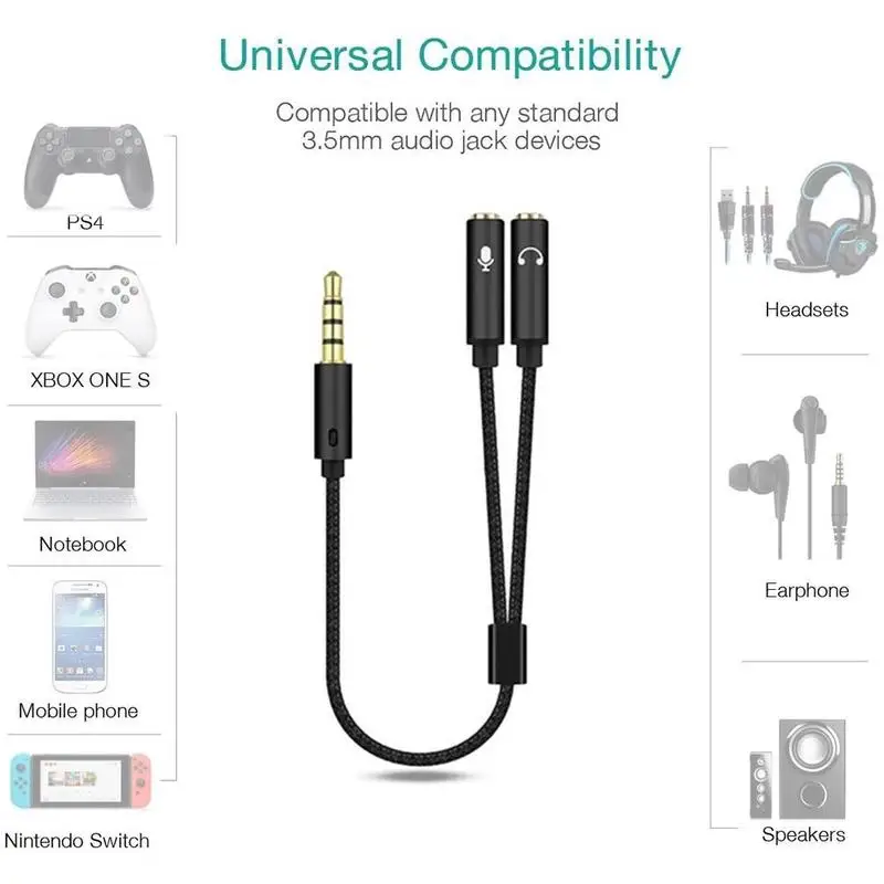 1Pcs 3.5mm Audio Splitter Cable AUX Cable 3.5mm Jack To Male Mic Audio Splitter Stereo Female 2 Supplies Cable Headset Y Ad