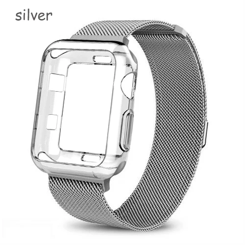 Чехол+ ремешок для Apple Watch 5 ремешок 44 мм 40 мм iWatch ремешок 42 мм 38 мм Миланский петля браслет металлический ремешок для Apple watch 3 4 2 1 - Цвет ремешка: silver clear