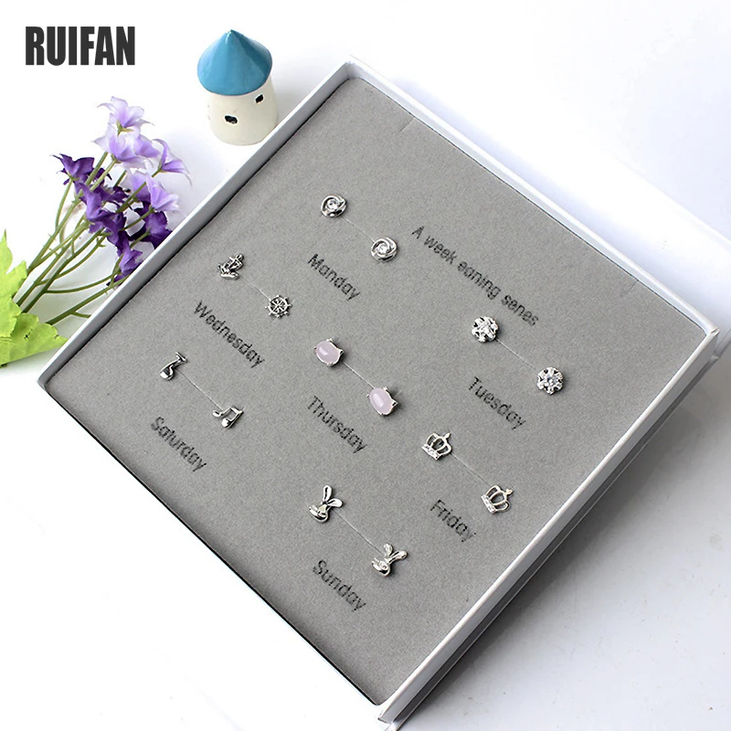

One Week 7 pairs/set Stud Earrings with Gift Box Women's 925 Sterling Silver Earring with Stone Fine Jewelry Accessories YJS005