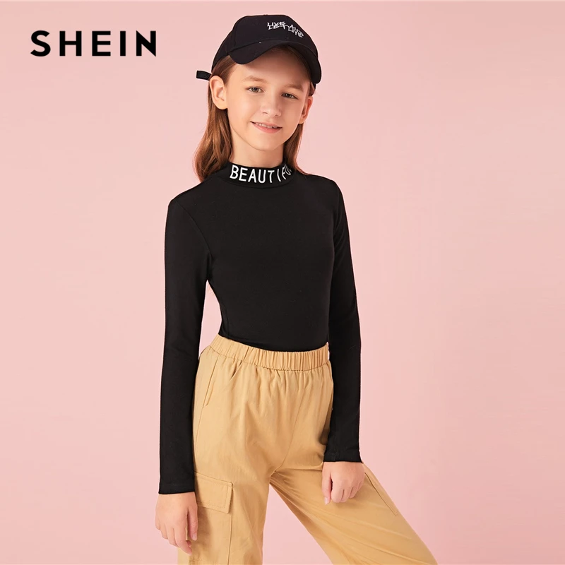SHEIN детский черный воротник-стойка с буквенным принтом формы установлены Повседневное»; футболка; детский топ; осень, длинный рукав, облегающее детские футболки