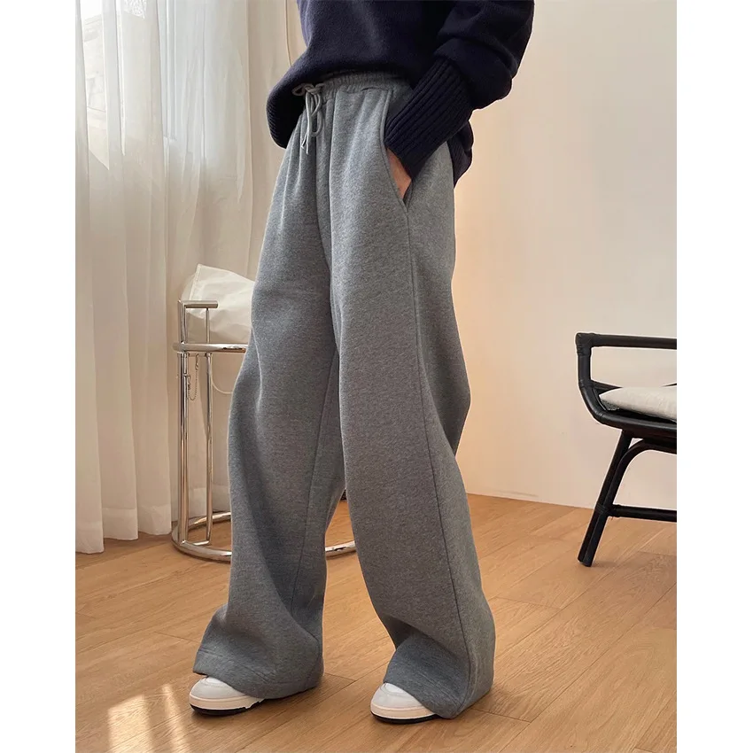 SuperAen Grey Velvet Sweater Autumn New Solid Streetwear Loose Slim Wide Leg High Waist Casual Sweatpants Women | Женская одежда