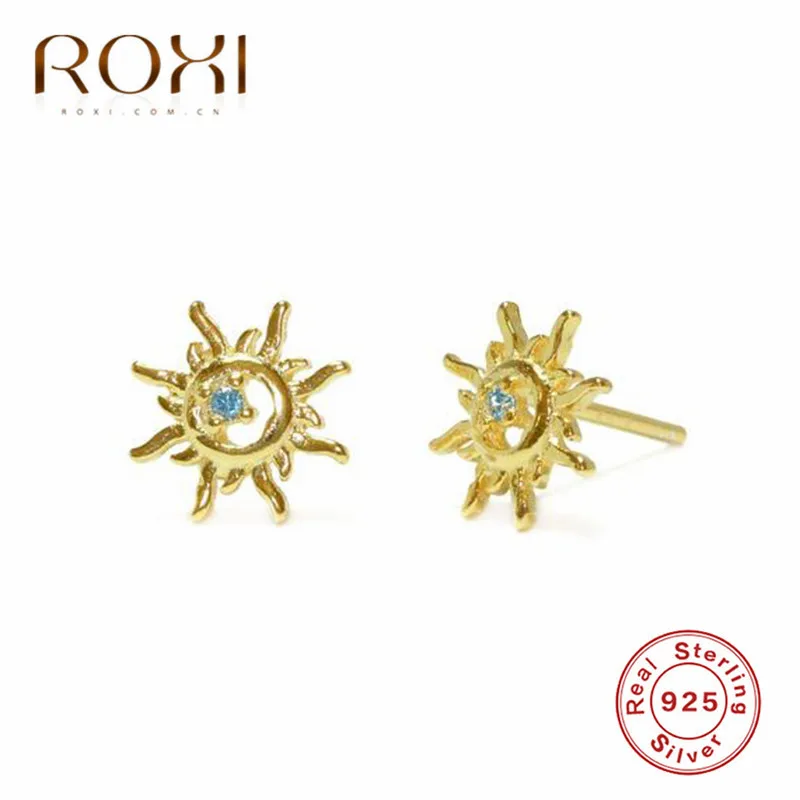 ROXI 925 пробы, серебряные, синие Кристальные солнечные серьги-гвоздики для женщин, в стиле панк, полые солнечные серьги-гвоздики, корейские серьги, модные ювелирные изделия