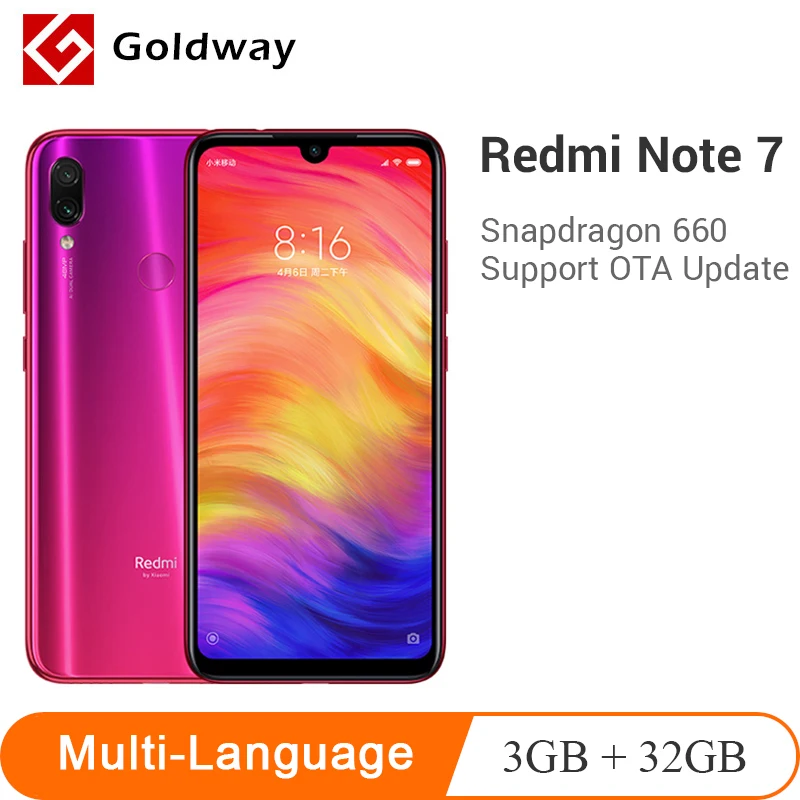 Мобильный телефон Xiaomi Redmi Note 7 с глобальной прошивкой, 3 Гб ОЗУ, 32 Гб ПЗУ, Восьмиядерный процессор Snapdragon 660, 48 МП, две камеры, 4000 мАч, полный экран 6,3 дюйма